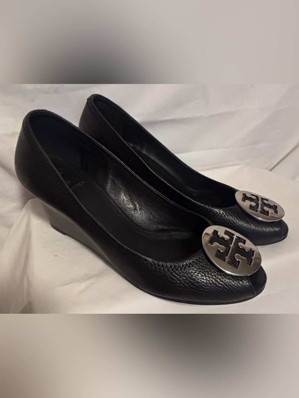 Tory Burch Black Leather Wedge Pumps with Silver Logo Size 10.5